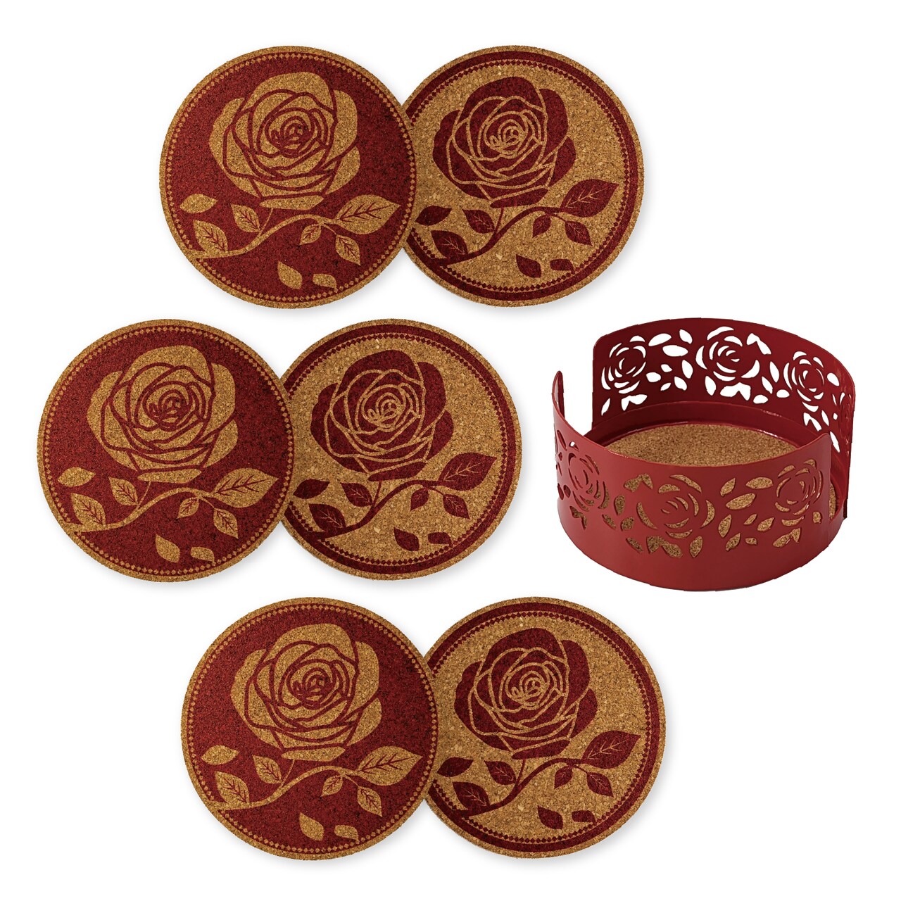 Mango Steam Set of Six Rose Cork Coasters with Decorative Cork Holder